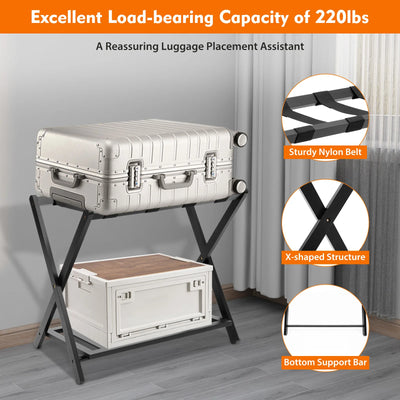Luggage Rack, Foldable Metal Frame, Nylon Straps, Shoe Shelf, Black