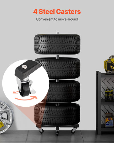 Tire Stand, Heavy-Duty Steel, 4-Tire Capacity, With Wheels, Black