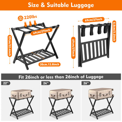 Luggage Rack, Foldable Metal Frame, Nylon Straps, Shoe Shelf, Black