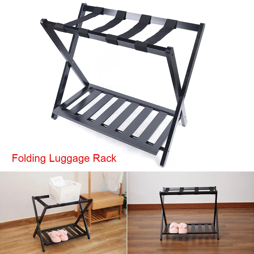 Luggage Rack, Foldable Metal Frame, Nylon Straps, Shoe Shelf, Black
