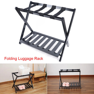 Luggage Rack, Foldable Metal Frame, Nylon Straps, Shoe Shelf, Black