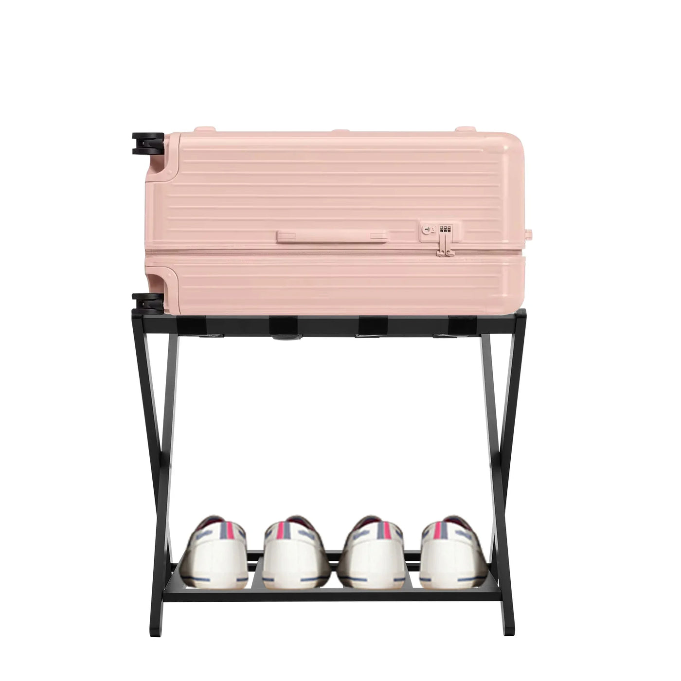 Luggage Rack, Foldable Metal Frame, Nylon Straps, Shoe Shelf, Black