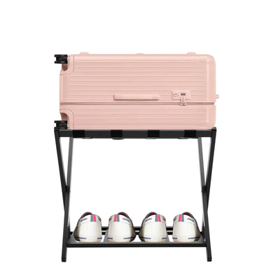 Luggage Rack, Foldable Metal Frame, Nylon Straps, Shoe Shelf, Black
