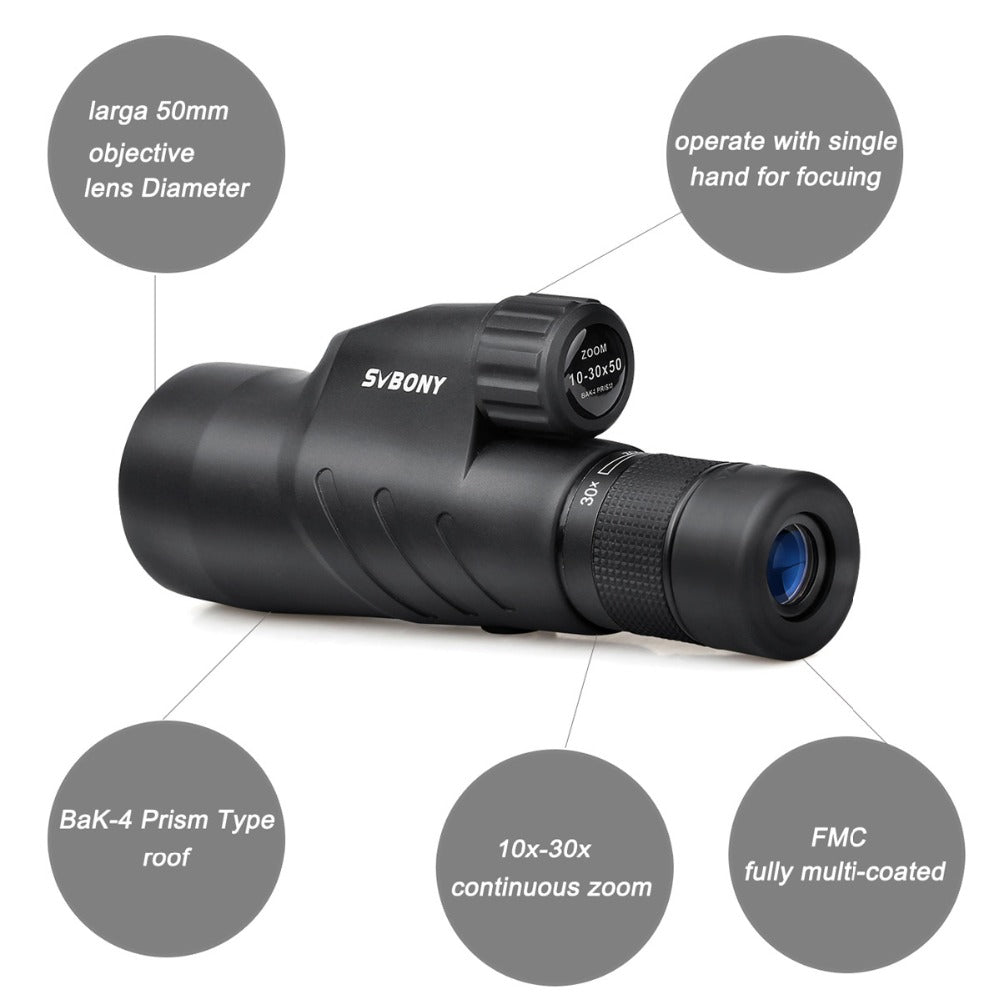 High Power Outdoor Waterproof Monocular, 30x Zoom, Adjustable, Black