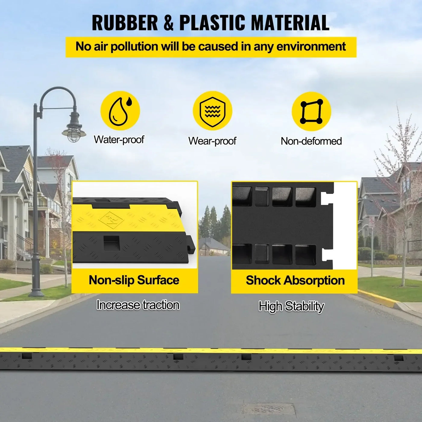 Cable Protector Ramp, 2 Channels, 3 Pcs, Rubber & PVC, Black
