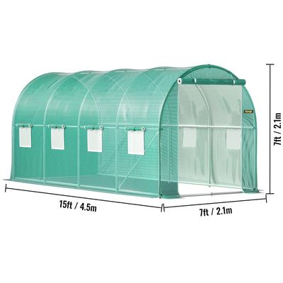 Walk-In Tunnel Greenhouse, Galvanized Frame, Waterproof Cover, 15x7x7 ft, Green