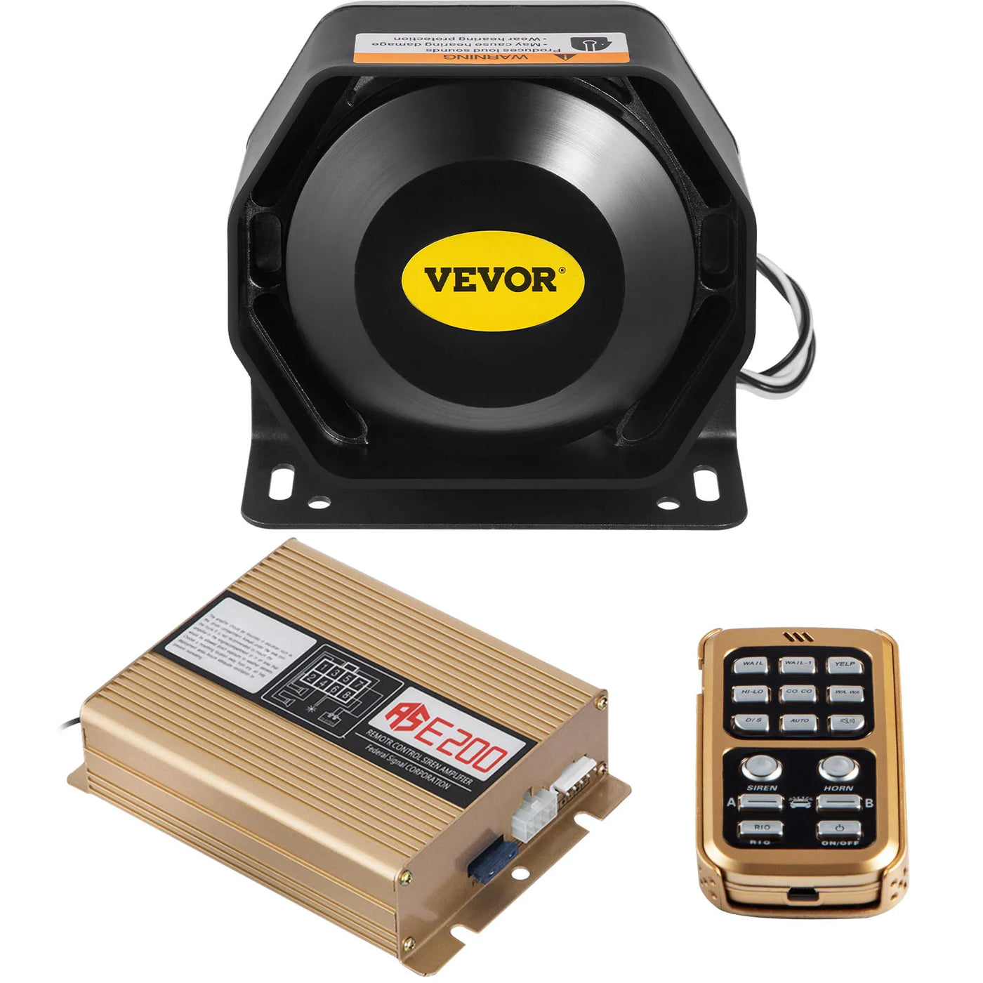 Speaker and Siren Kit, 200W, 8 Tones, Remote Mic, Black
