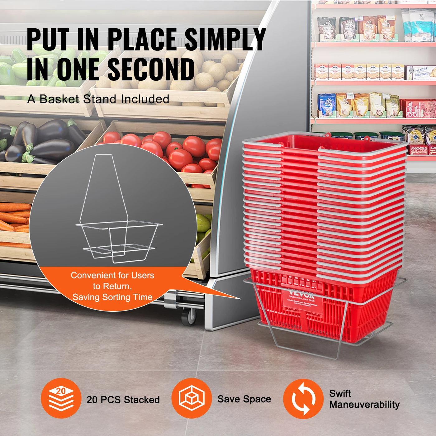 Shopping Basket, 20Pcs, Plastic, With Handle & Stand, Red