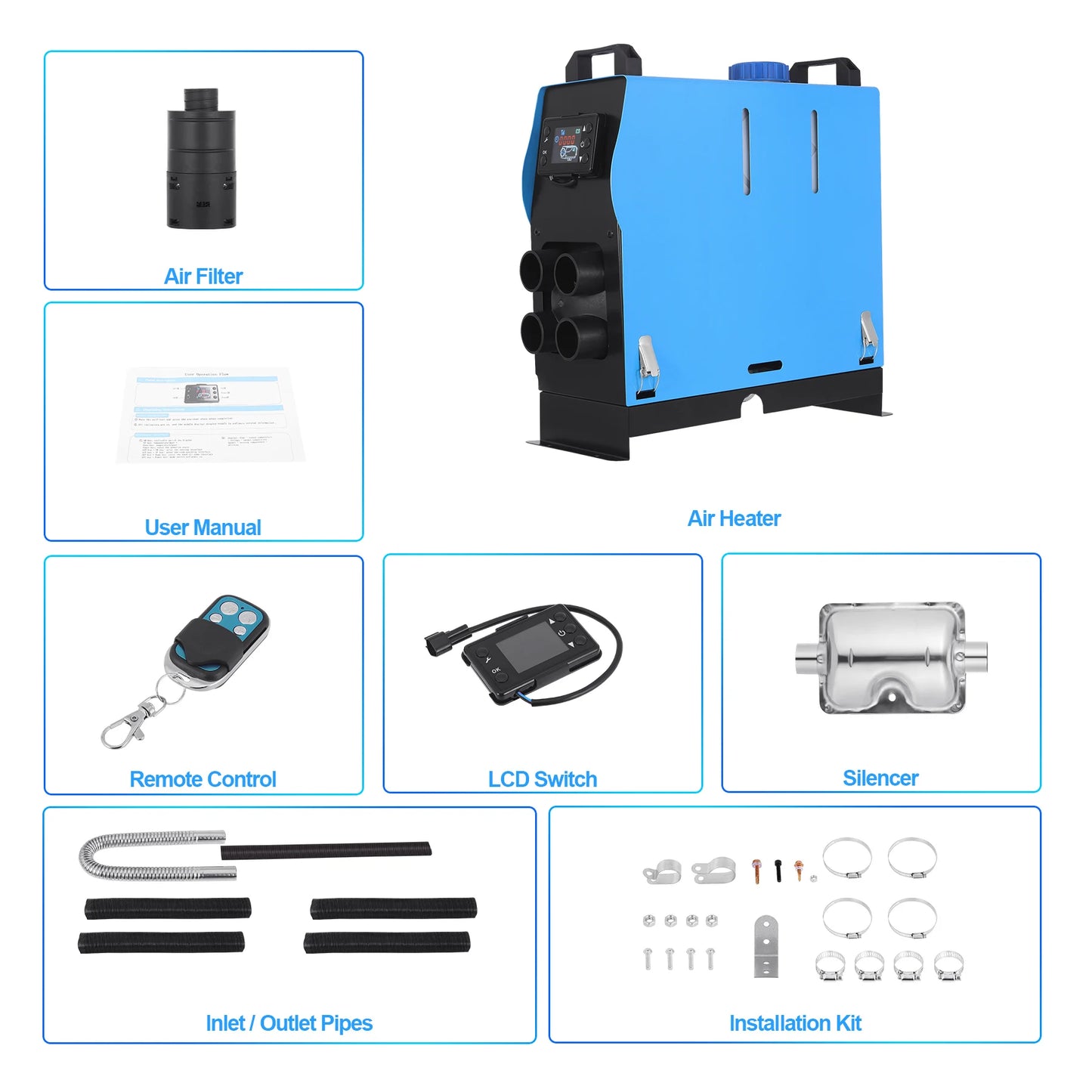 Car Heater, Diesel, 5kw, 1 hole, LCD Display, 24V, Blue