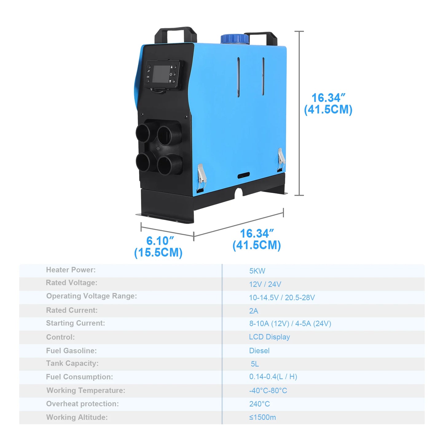 Car Heater, Diesel, 5kw, 1 hole, LCD Display, 24V, Blue