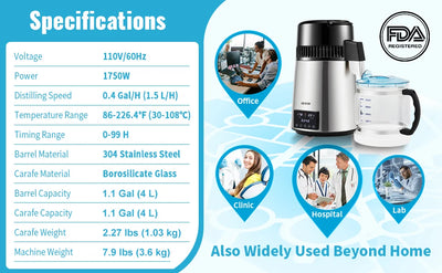 Water Distiller, 1.5 L/H Distilling Speed, Temperature & Time Settings, Glass Container, Silver