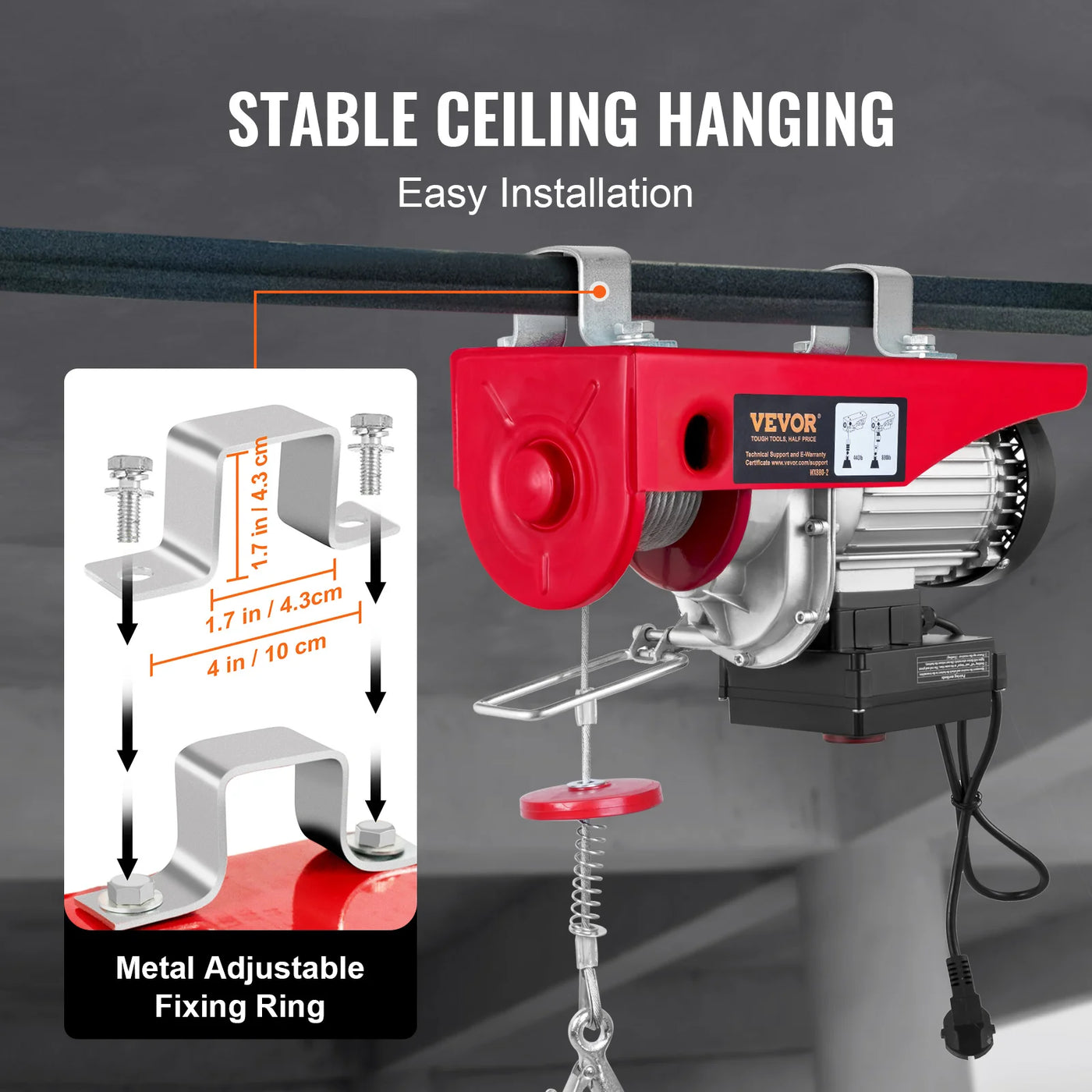 Electric Hoist, 880lbs Capacity, Steel, Wireless Remote, Red