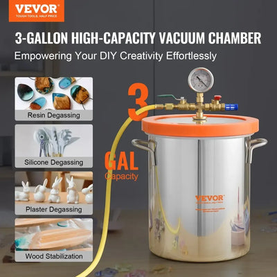 Vacuum Chamber, 3 Gallon, Stainless Steel, Glass Lid, High-Pressure Resistant, Silver