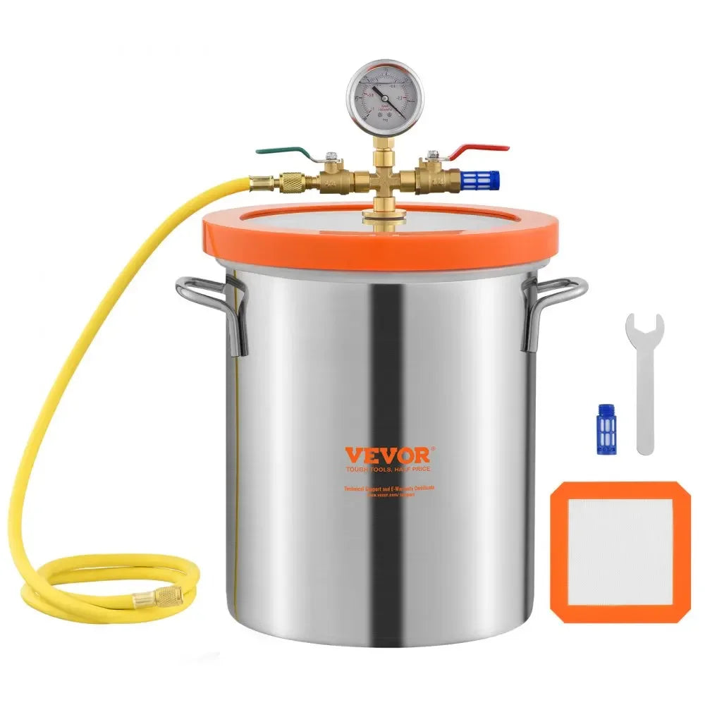 Vacuum Chamber, 1.5 Gallon, Stainless Steel, Glass Lid, High-Pressure Resistant, Silver
