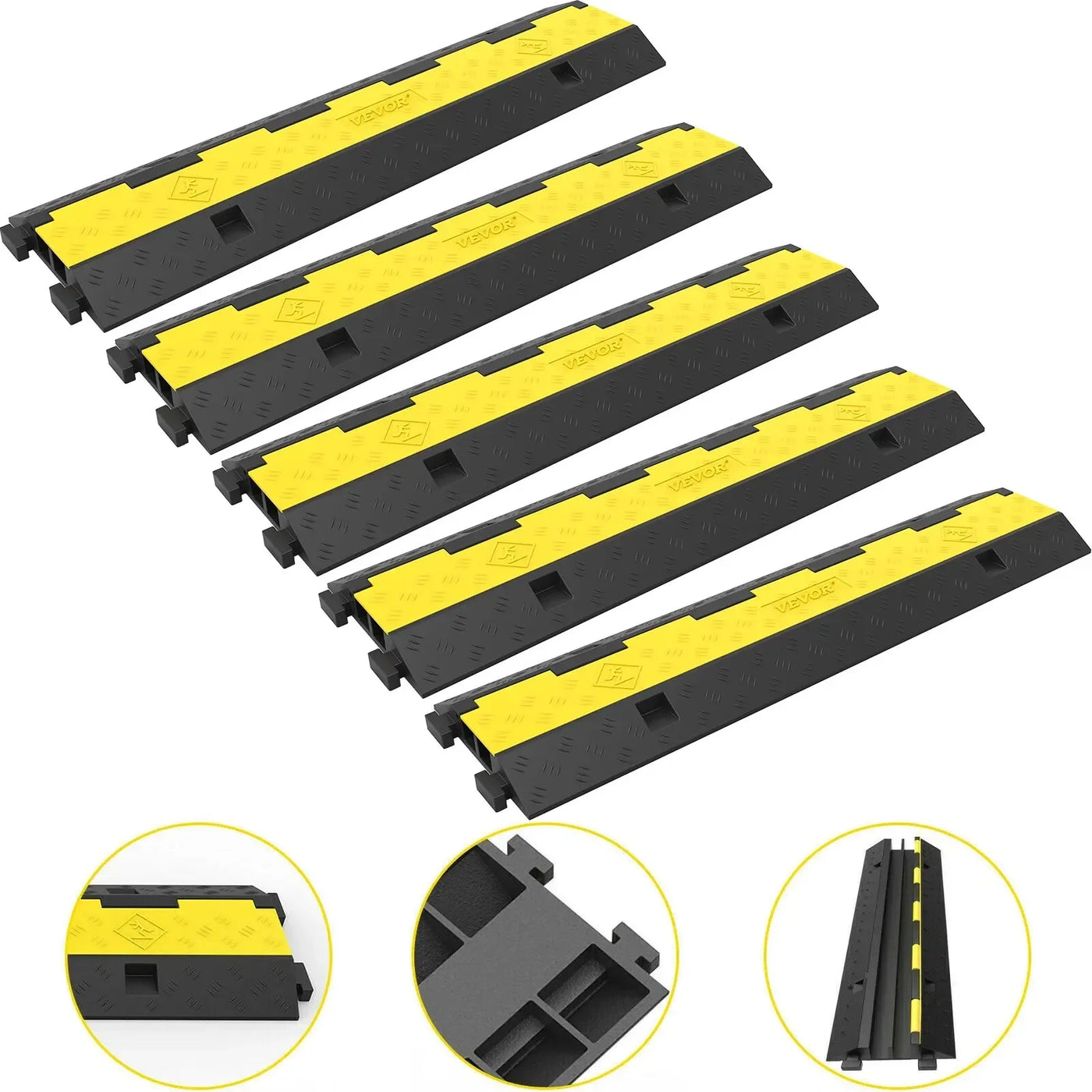 Cable Protector Ramp, 2 Channels, 5 Pcs, Rubber & PVC, Black