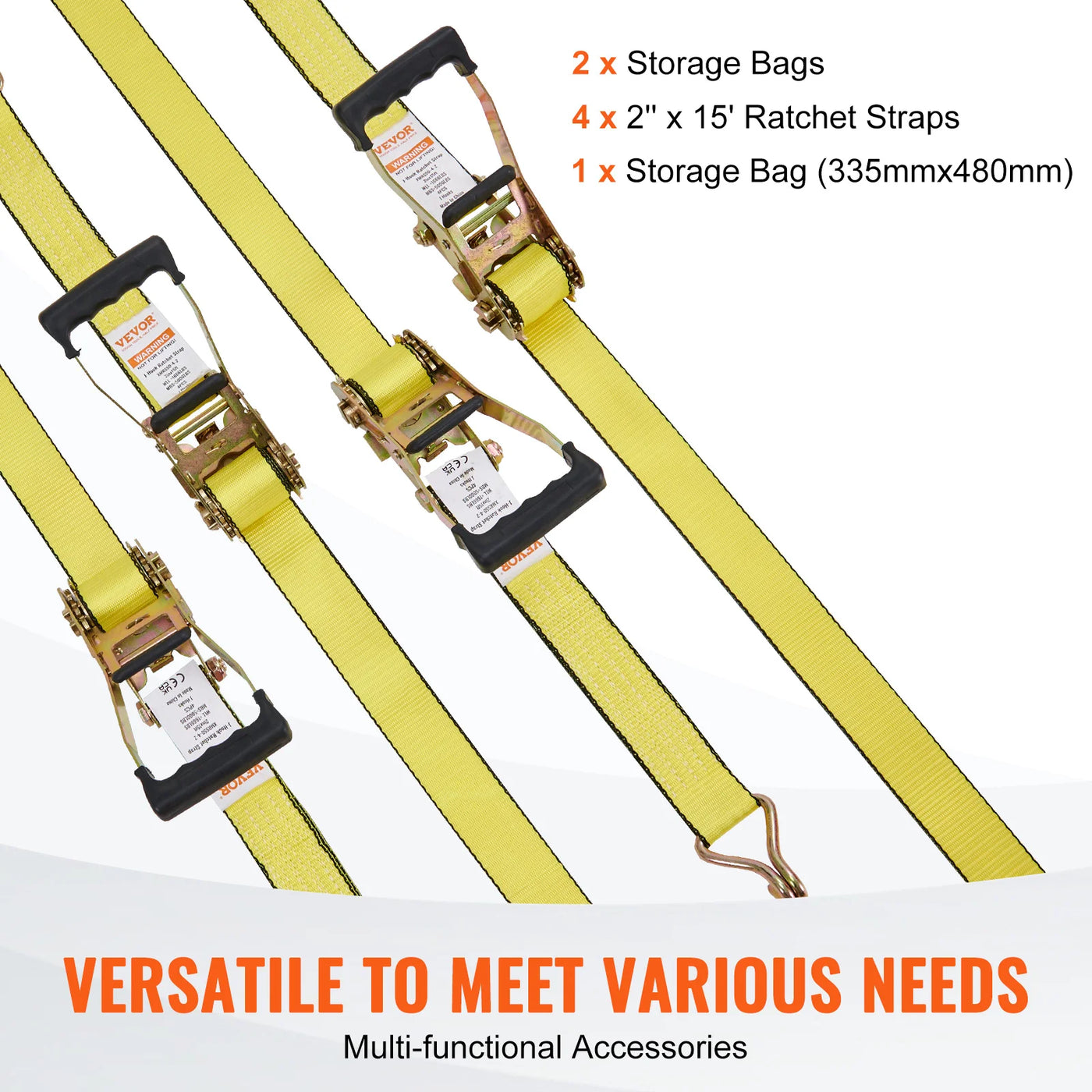 Ratchet Tie Down Straps, 5000 lbs Strength, Double J Hooks, 2 x 27 inch, 4pcs, Polyester, Yellow
