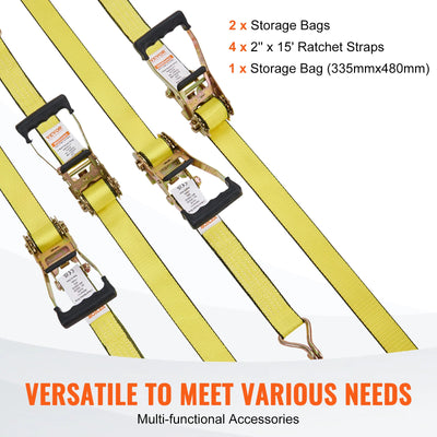 Ratchet Tie Down Straps, 5000 lbs Strength, Double J Hooks, 2 x 27 inch, 4pcs, Polyester, Yellow