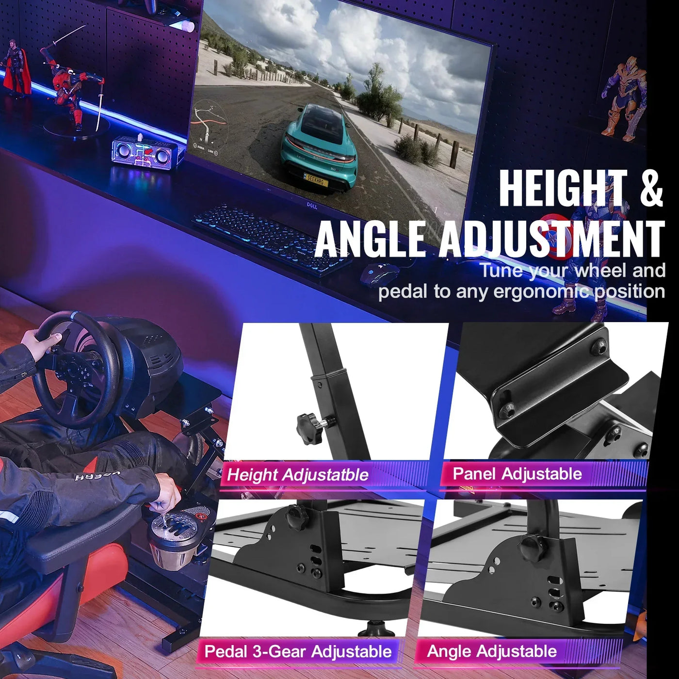Racing Wheel Stand, Adjustable Carbon Steel, Foldable, Black