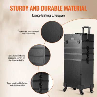 Makeup Case, Large Capacity, 4 Compartments, Black