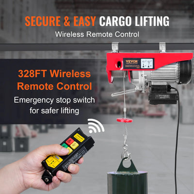 Electric Hoist, 880lbs Capacity, Steel, Wireless Remote, Red
