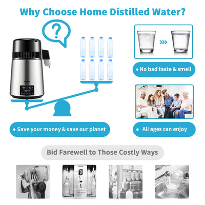 Water Distiller, 1 L/H Distilling Speed, Temperature & Time Settings, Glass Container, Silver