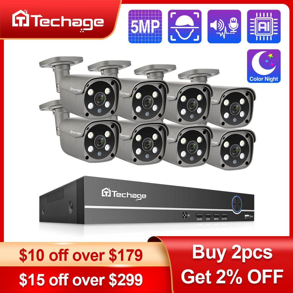 Security Camera System, Techage, 8CH, 6 Bullet Camera, 5MP, HD, Two Way Audio, Grey