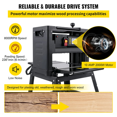 Thickness Planer, 2000W 13 Inch, 6-160mm Cutting Depth, 6m/min Feeding Speed, Iron+Stainless Steel, Black