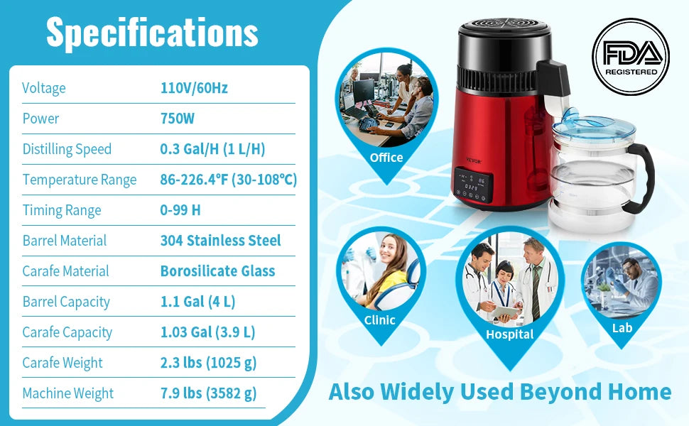 Water Distiller, 1 L/H Distilling Speed, Temperature & Time Settings, Glass Container, Red