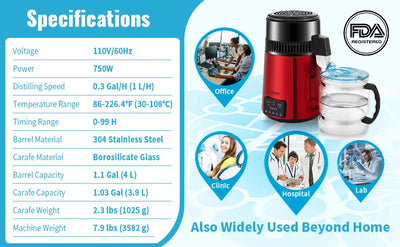 Water Distiller, 1 L/H Distilling Speed, Temperature & Time Settings, Glass Container, Red