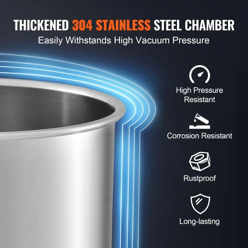 Vacuum Chamber, 1.5 Gallon, Stainless Steel, Glass Lid, High-Pressure Resistant, Silver