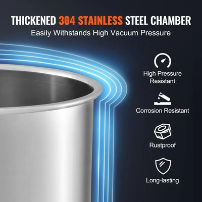 Vacuum Chamber, 1.5 Gallon, Stainless Steel, Glass Lid, High-Pressure Resistant, Silver
