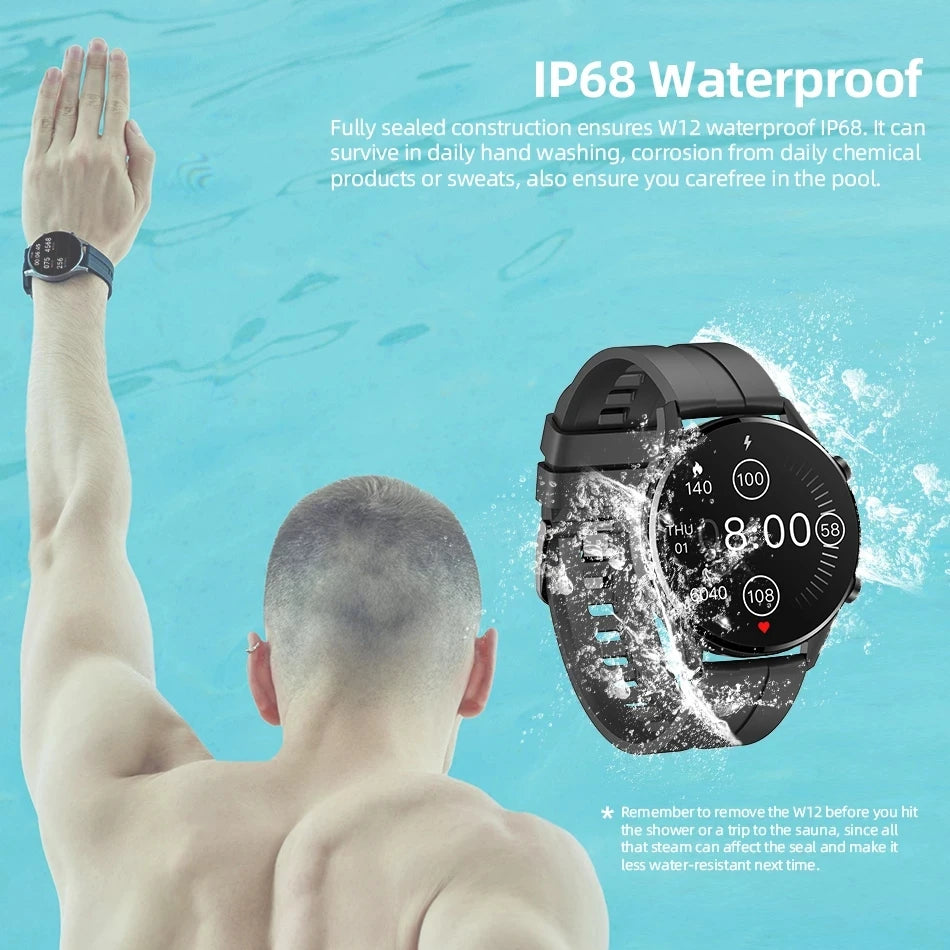 Smartwatch, , W12, Bluetooth, 24h Bio Fitness Tracker, Heart Rate, SpO2 Sleep Monitor, Sport Data Poster, Black, Size: W12