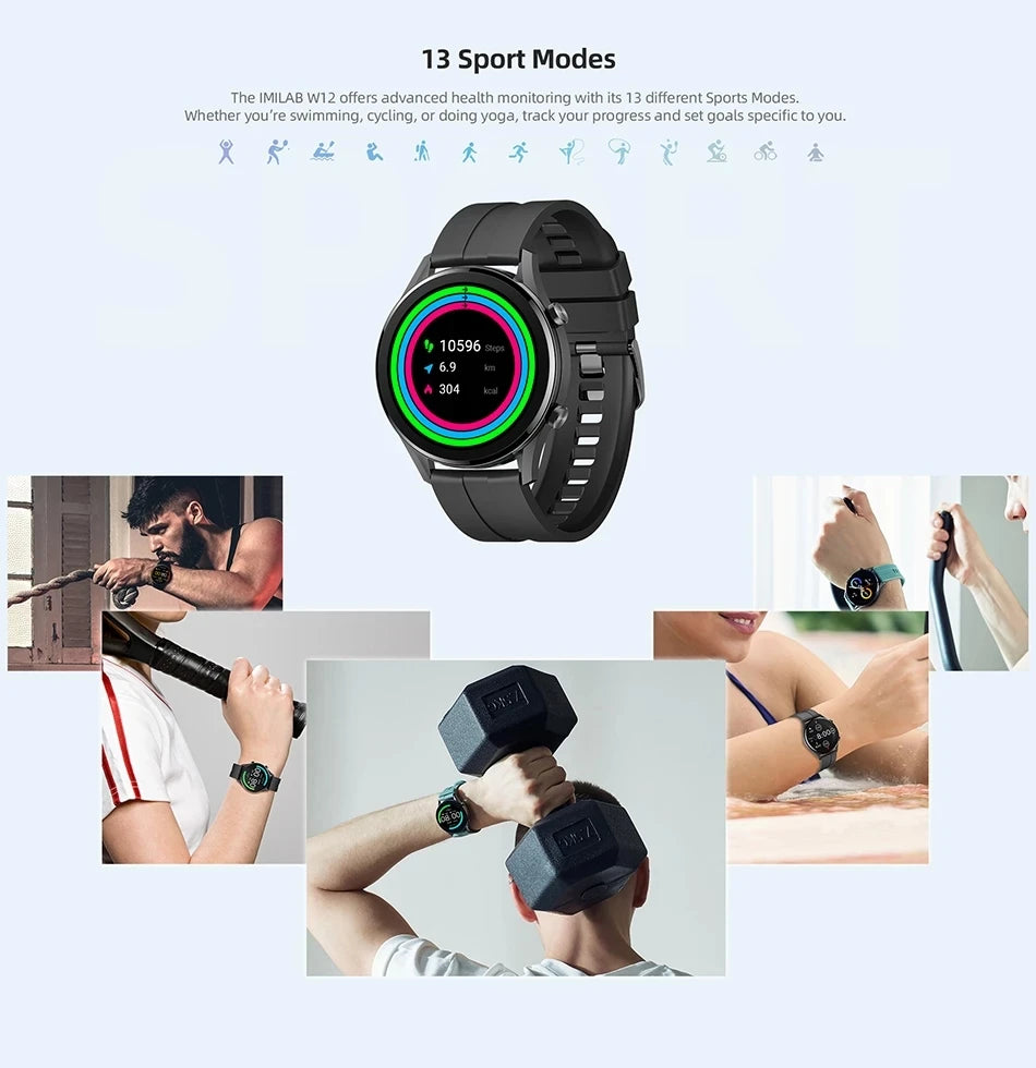 Smartwatch, , W12, Bluetooth, 24h Bio Fitness Tracker, Heart Rate, SpO2 Sleep Monitor, Sport Data Poster, Black, Size: W12