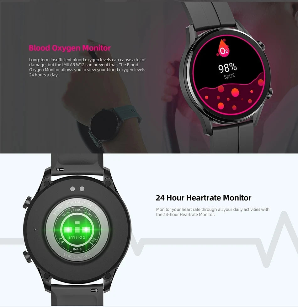 Smartwatch, , W12, Bluetooth, 24h Bio Fitness Tracker, Heart Rate, SpO2 Sleep Monitor, Sport Data Poster, Black, Size: W12