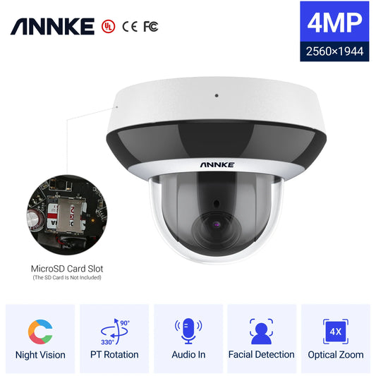 Outdoor Surveillance Camera, 4MP PTZ Camera, Super HD, 4X Optical Zoom, AI Detection, Audio Record, Black, Standard Size.