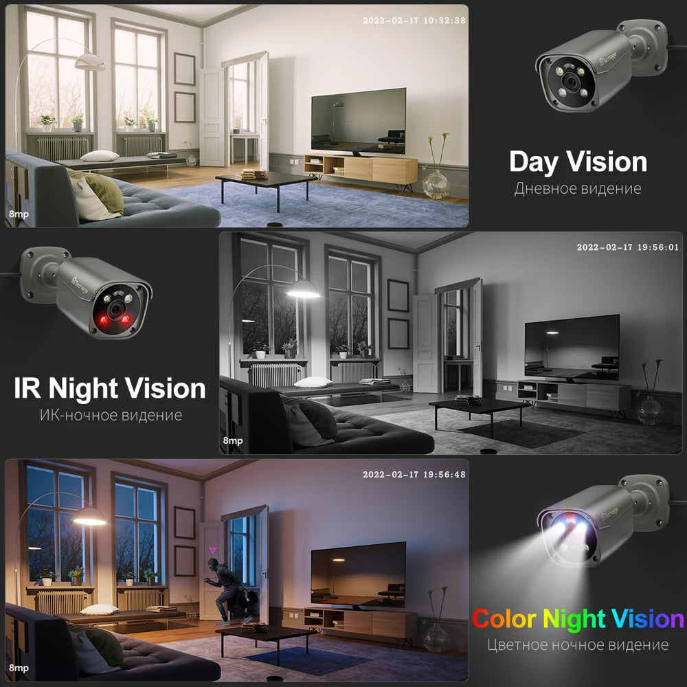 Outdoor surveillance camera, 8MP POE Camera, Ultra HD 4K, Color Night Vision