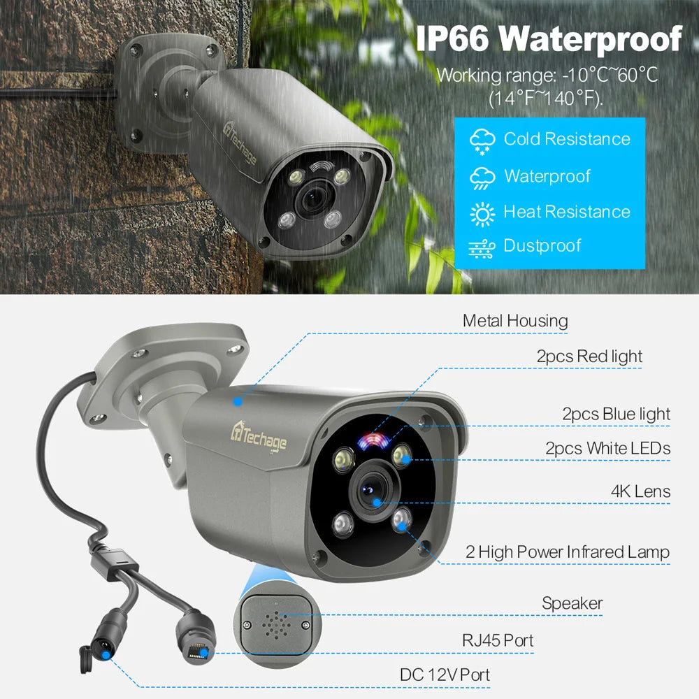 Outdoor surveillance camera, 8MP POE Camera, Ultra HD 4K, Color Night Vision