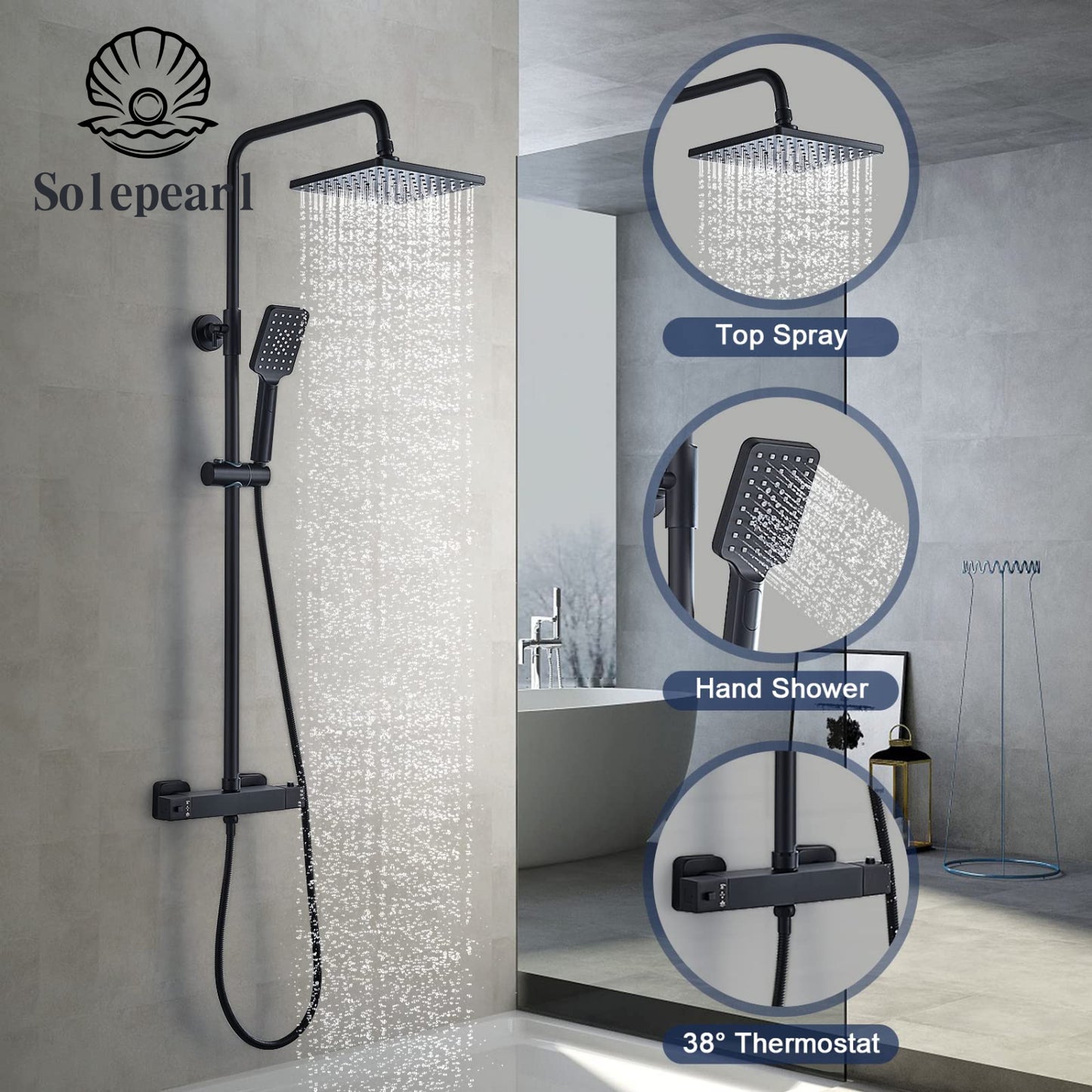 Robinet, Solepearl, systèmes de douche à effet de pluie avec main, 8 pouces, support mural, noir 