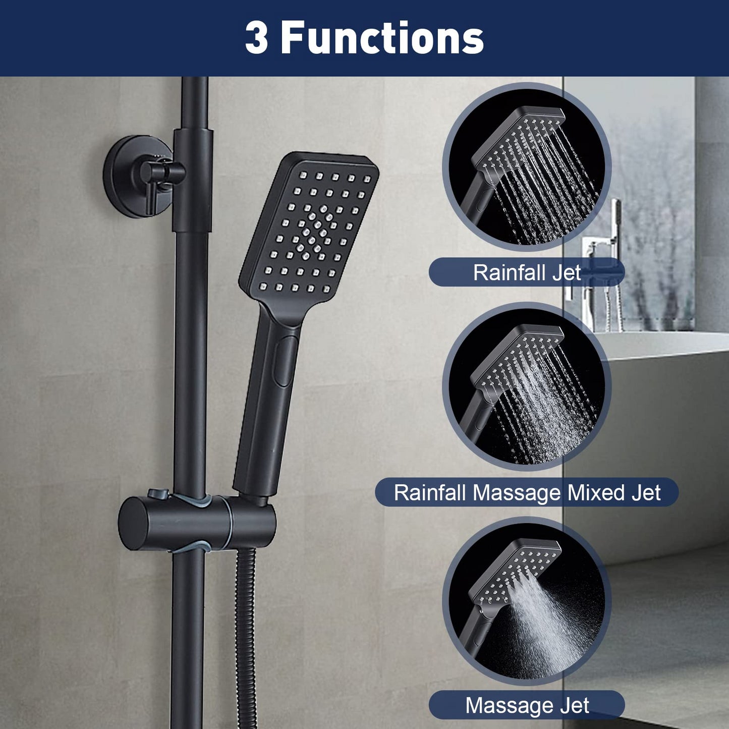 Faucet, Solepearl, Rainfall Shower Systems with Handheld, 8 inch, Wall Mount, Black