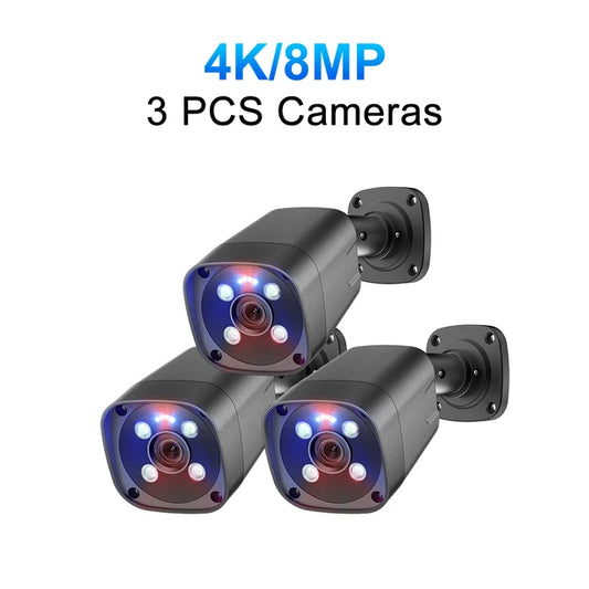 Outdoor surveillance camera, 3pc 4K 8MP, Human detect, Color night vision, UHD 4K POE, Size not specified