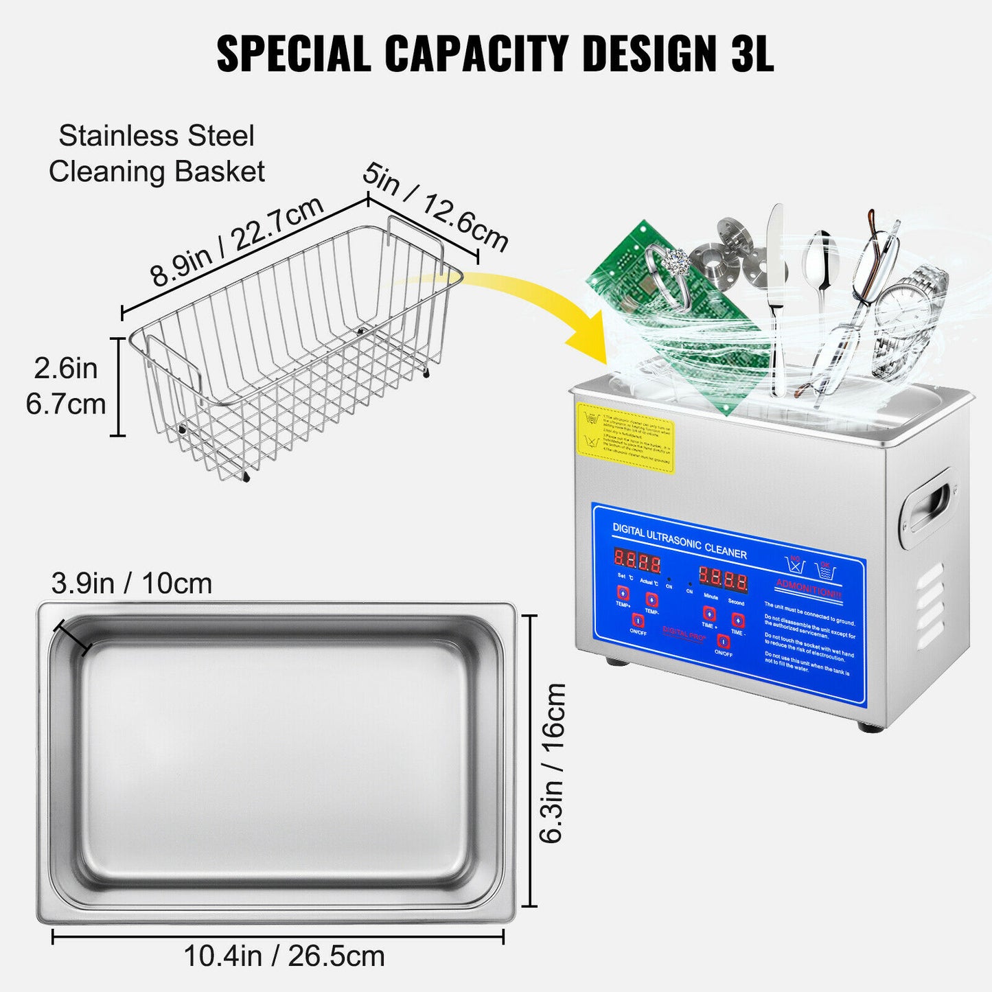 Adjustable Power Ultrasonic Cleaner 3L 120W Jewelry Watch Denture Tool Parts