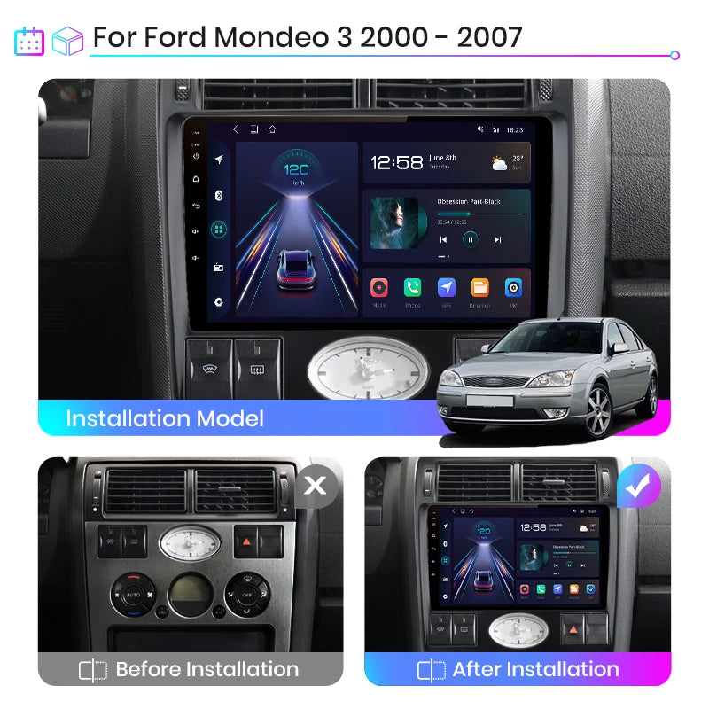 V1 AI Voice Wireless CarPlay Android Auto Radio  for Ford Mondeo 3 2000-2007 4G Car Multimedia GPS 2din 8GB 256GB Black Standard Size