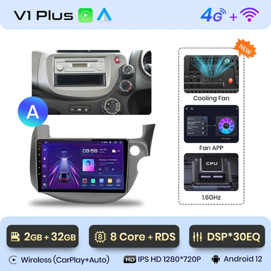 , V1 Plus (2G 32G)A, Voice Wireless CarPlay Android Auto Radio, HONDA FIT JAZZ 2007-2013 4G, GPS 2din autoradio, Black.