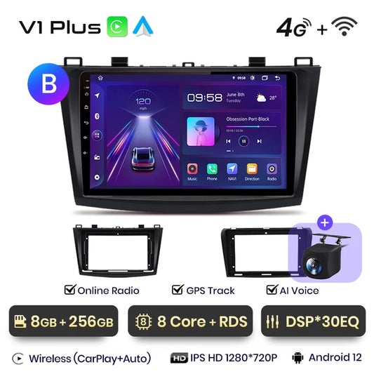 ,V1 Plus (8GB 256GB),Mazda 3 bk maxx axel 2004-2013, Voice Wireless CarPlay Android Auto Radio,4G GPS 2din autoradio