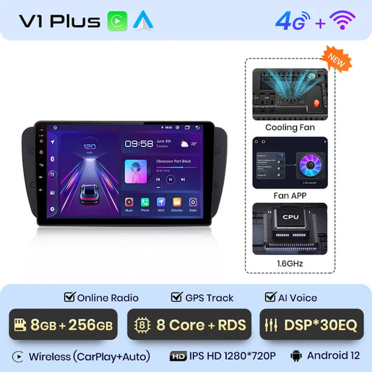 , V1 Plus, Seat Ibiza 6j 2009-2013, 8GB 256GB, Voice Wireless CarPlay Android Auto Radio, 4G Car Multimedia GPS, 2din autoradio