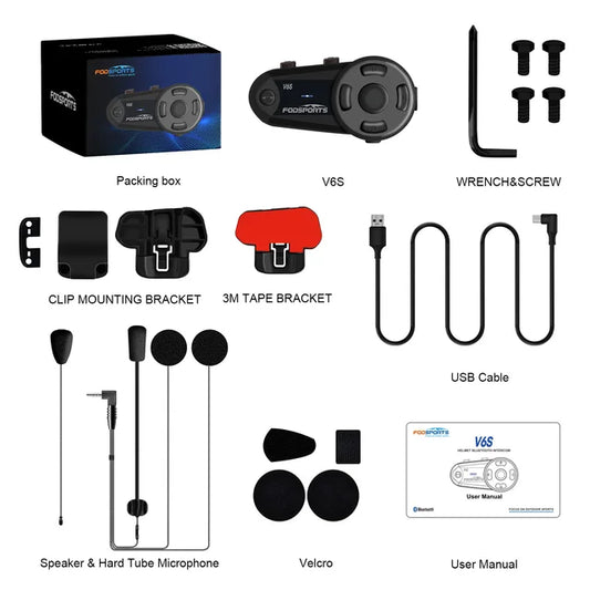 , V6S Motorcycle Intercom Helmet Bluetooth Headset, 6 Riders, 1000m Waterproof, Wireless Interphone, FM Radio, Share Music, Size: [Size]