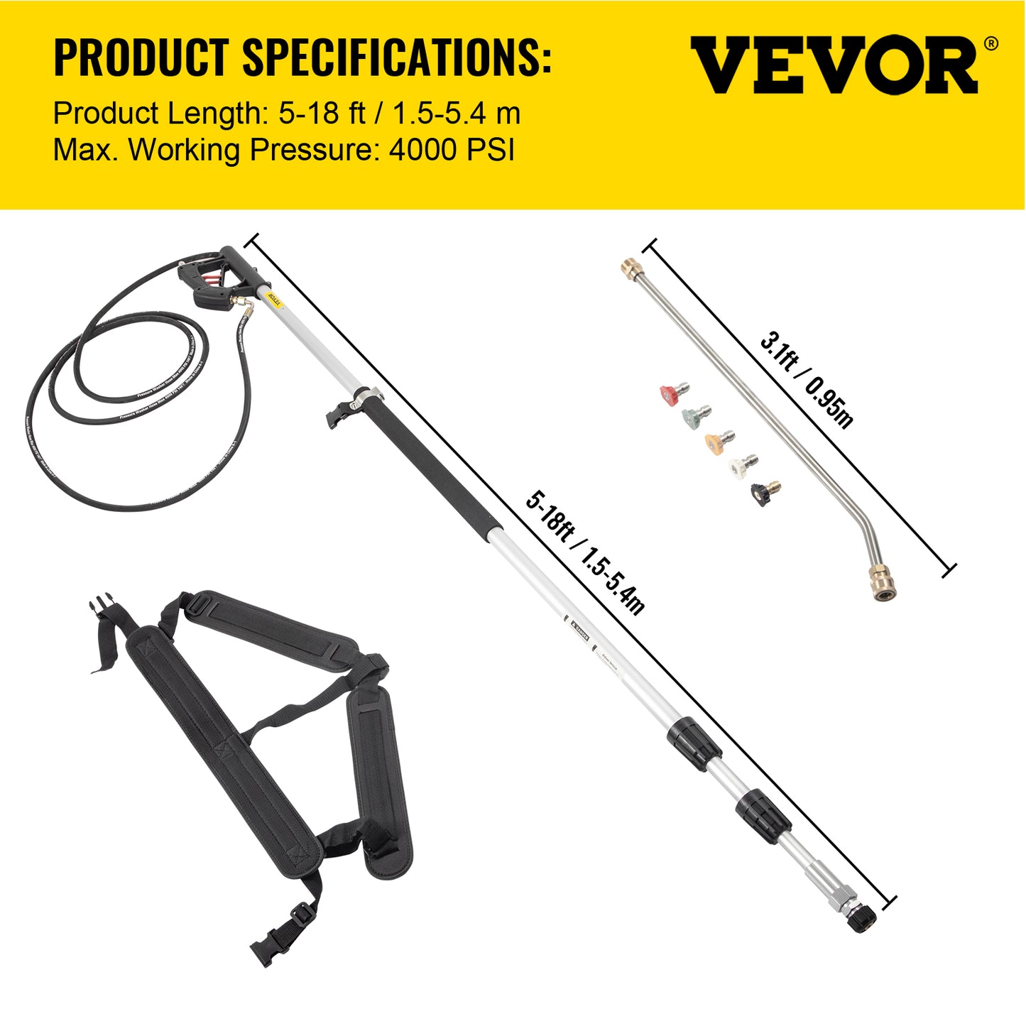 18/20ft Pressure Washer Wand w/Strap Belt & Quick Connector - 4000psi Telescoping Extension Pole