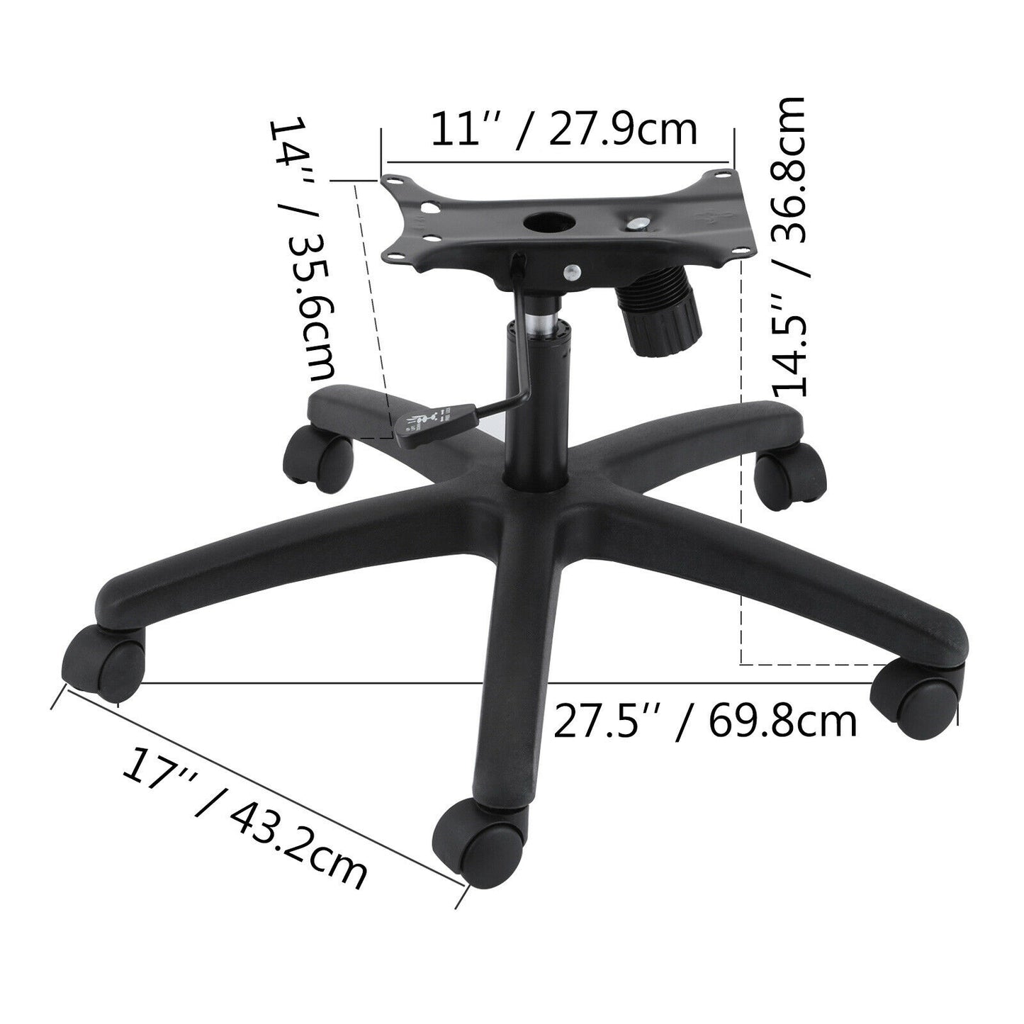 28" Swivel Chair Base Replacement with Cylinder, Plate & Casters (5" Stroke)