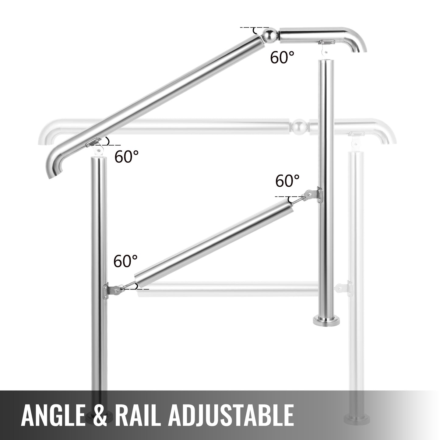 Handrail, 3 Step, Capacity 220 LBS, Adjustable, Stainless Steel, Silver