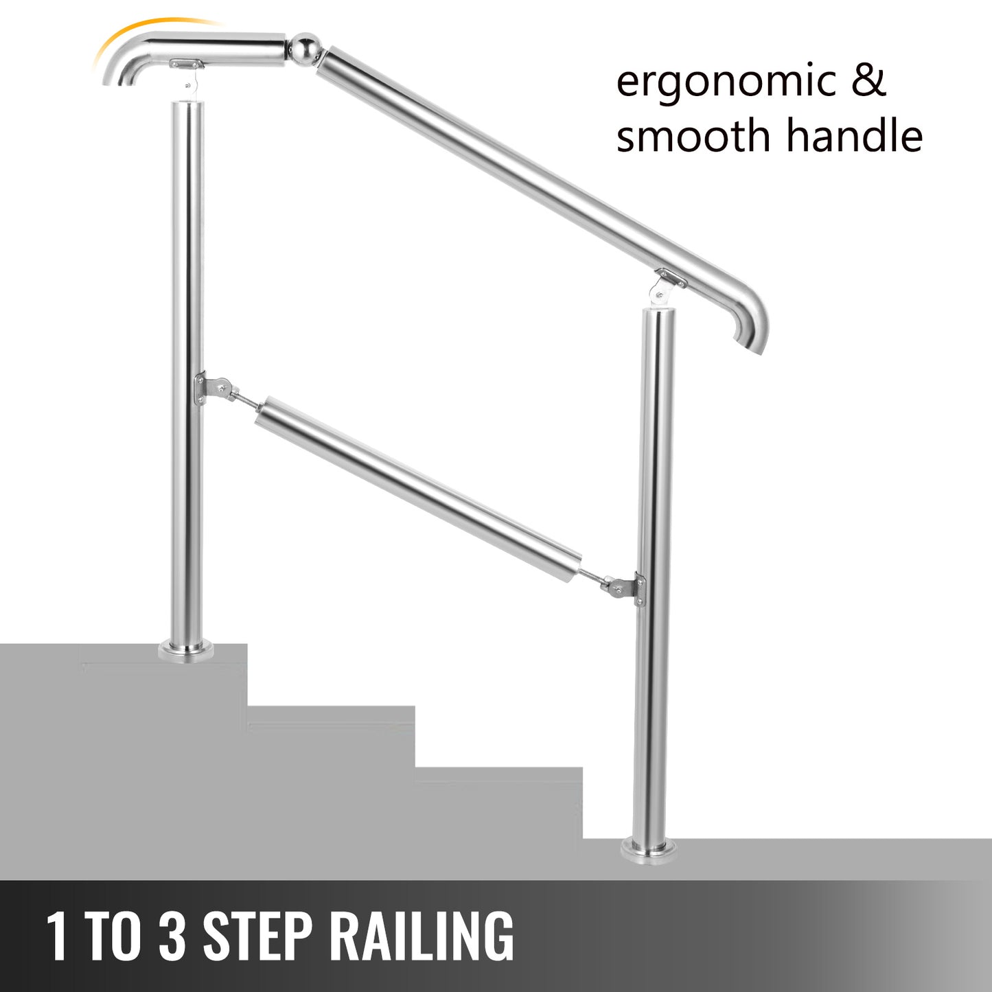 Handrail, 3 Step, Capacity 220 LBS, Adjustable, Stainless Steel, Silver